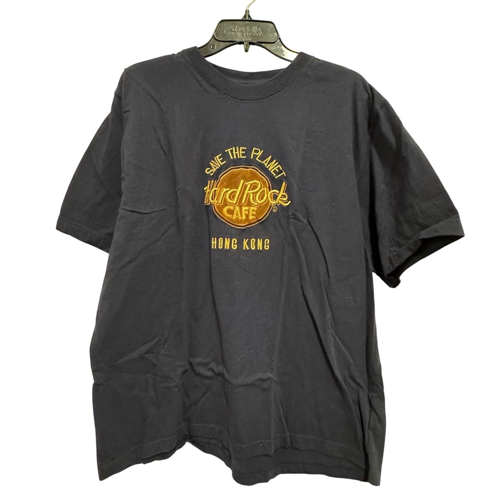 Vintage Hard Rock Cafe Hong Kong Embroidered Navy Blue T-Shirt Mens Large Cotton